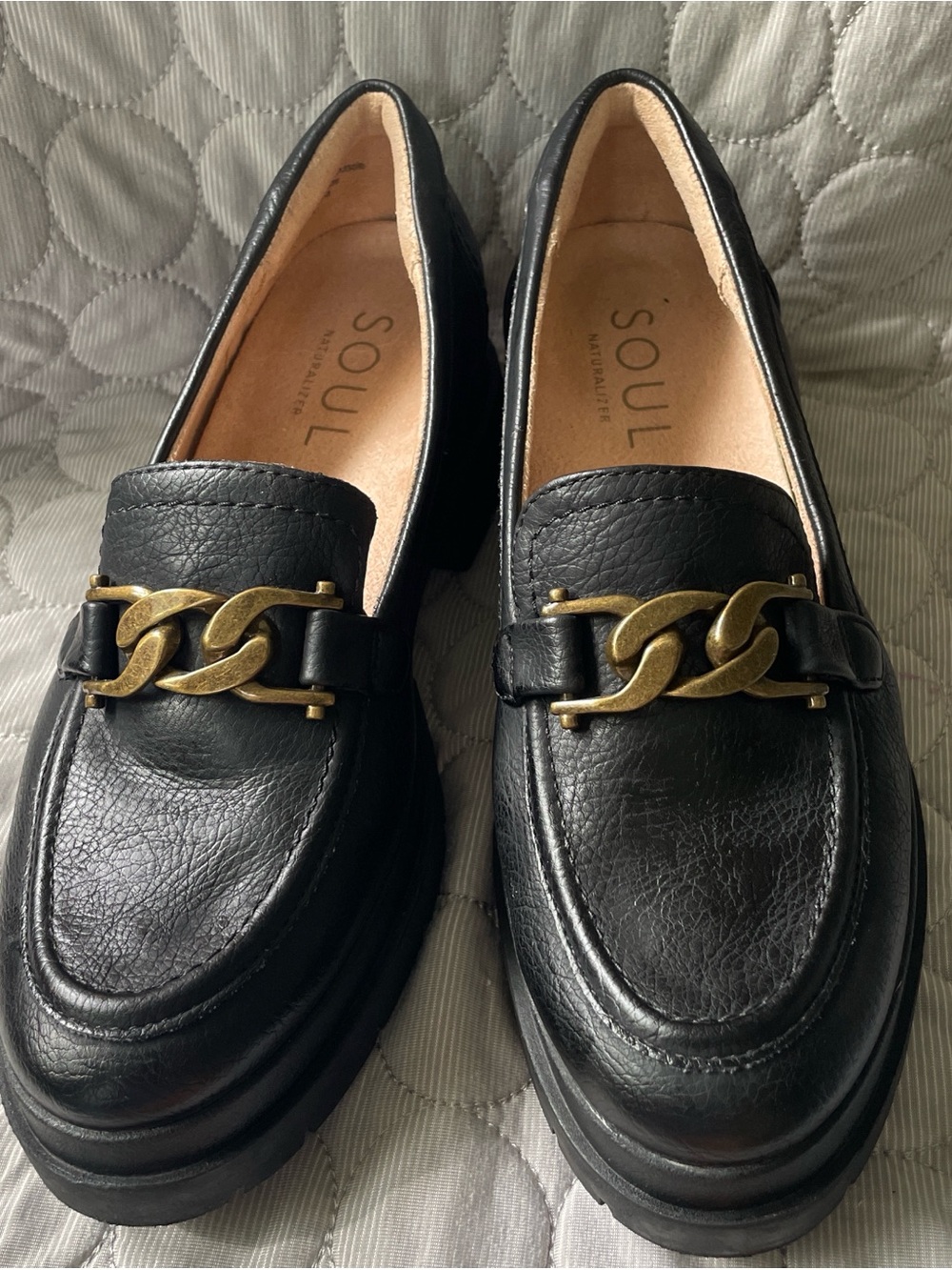 SOUL Naturalizer Black Leather Loafers with Gold Chain Detail